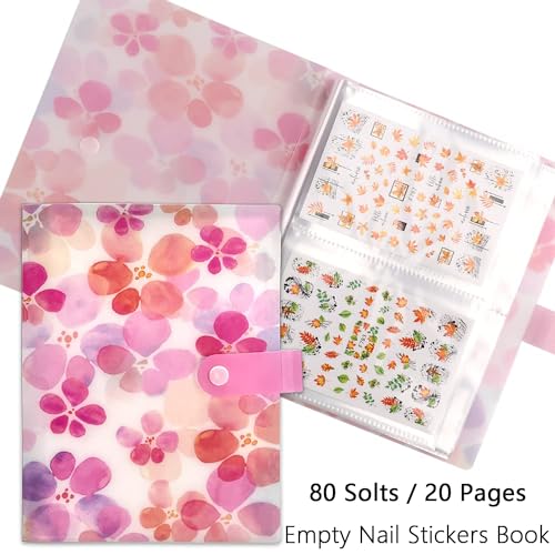 80 Slots Collecting Album for Nail Polish Strips Full Nail Wraps Toenail Stickers Empty Storage Binder Book Water Transfer Nail Decals Nail Art Stickers Storage Book (Flower, 3.7 * 5.1inch)