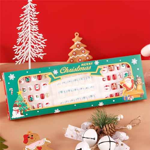 Kids Press on Nails Children Fake Nails 72PCS Artificial Nail Tips Adhesive Full Cover Short False Fingernails for Girls Kids Nail Decoration (Golden Christmas Snow)