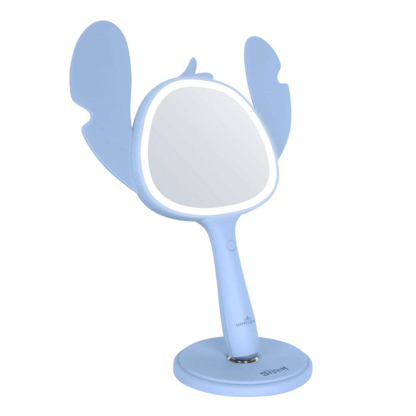 Impressions Vanity Stitch Ohana LED Handheld Makeup Mirror for Desk, Lighted Travel Makeup Mirror with Detachable Standing Base, Ultra Bright Adjustable Lighting, and Ohana Figural Shaped Design