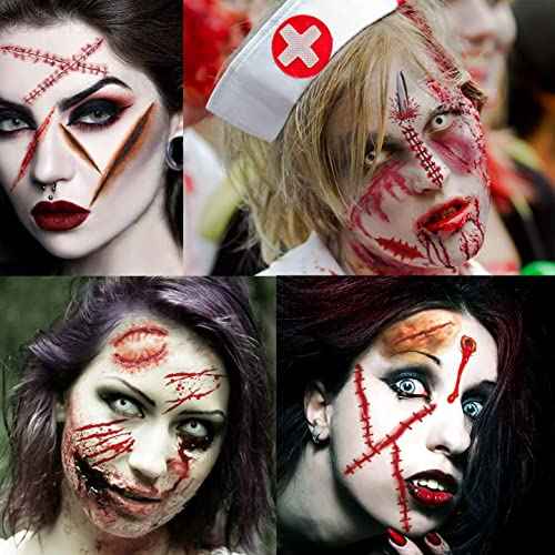 215+ PCS 30 Sheets 3D Fake Scars Tattoo Temporary Halloween Makeup Kit, Fake Stitches Tattoos Cut Scary Face Wound Blood Chucky Scars Tatoos For Kids Women Men Boys Girls Zombie Sticker