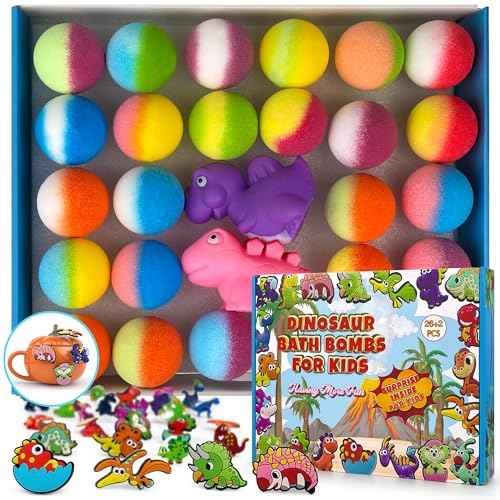 26+2 PCS Bath Bombs for Kids with 26 Dinosaur Suction Toys Inside, Organic Kids Bath Bombs Gift Sets with 2 Squeeze Dinosaur Toys for Boys & Girls on Birthday, Easter, Christmas, Lavender