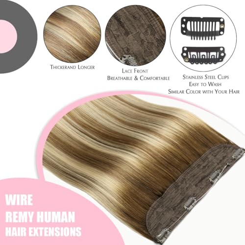 SURNEL Haol Extensions Human Hair Balayage Walnut Brown to Ash Brown and Golden Blonde Wire Hair Extensions 18 inch 80g(18,3/8/22)