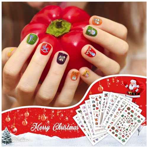 Leesgel Christmas Nail Stickers for Kids Women 450pcs, Christmas Nail Decals Charms, Christmas Stocking Stuffers for Kids Women Designs with Santa, Snowman, Elk, Glove, Sock, Bell