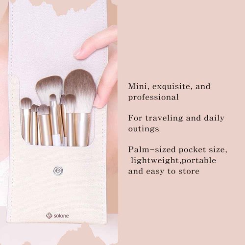 Solone Gorgeous Mini Makeup Brush Set (9pcs) Travel-Sized Brushes with Synthetic Wood Handles - Powder, Contour, Blush, Eyeshadow, Blending, Pencil, Detailed, and Accent Brushes; Vegan & Cruelty Free