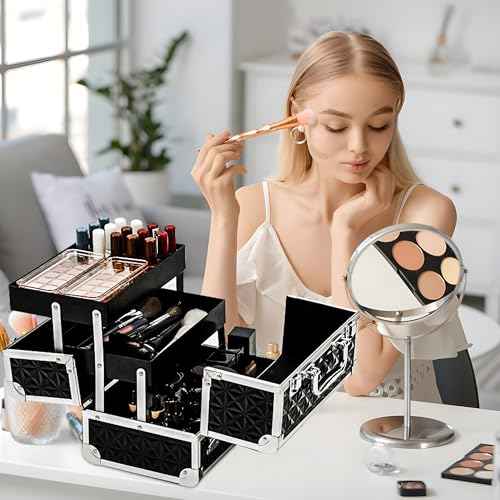 Leeora&Leekoo Makeup Train Case with Lighted Mirror,Portable Makeup Box Organizer (Black)