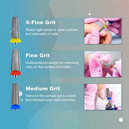 3Pcs Carbide 5 in 1 Nail Drill Bit Set- Two Way Rotate Use for Both Left and Right Handed- XF£¬ F£¬ M 3/32 Inches Brocas Para Drill Nails for Acrylic Nail Gel Fast Remove