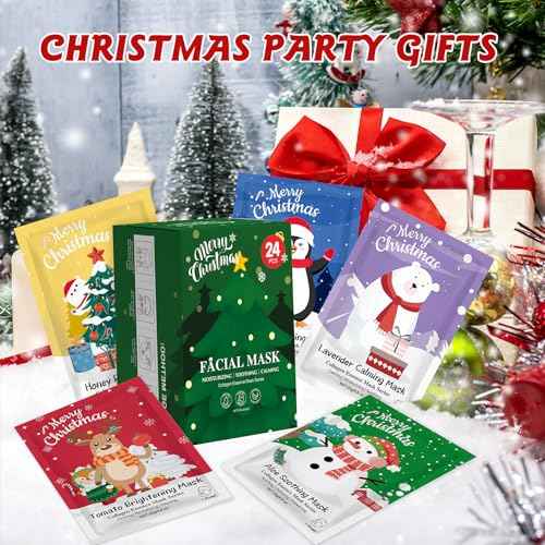 24 Pack Christmas Facial Masks for Stocking Stuffers, Hydrating Sheet Face Masks Skincare, Bulk Facial Masks Set for Women Skin Care, Christmas Gifts for Women