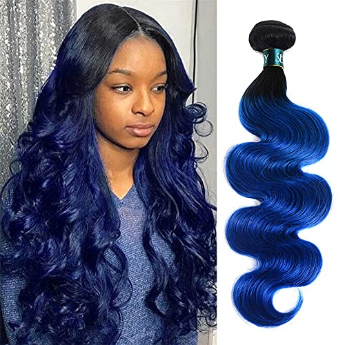 SEXAYHAIR Blue Human Hair Bundles Brazilian Ombre Body 1b/blue Wave 1Bundle Hair Unprocessed Virgin Human Hair Extensions, 2 Tone Ombre Blue Hair Bundles (24",1b/Blue)
