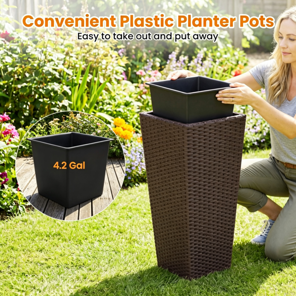 Set of 2 Rattan Planters with Removable Inner Pots & Adjustable Metal Frames - Brown Garden Decor