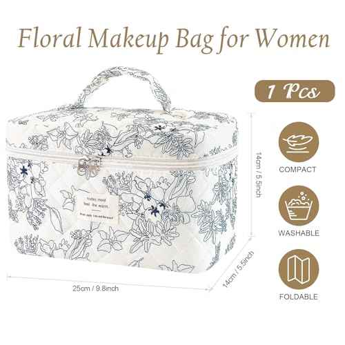 Large Travel Quilted Makeup Bag for Women, Floral Cotton Cosmetic Bag Cute Coquette Aesthetic Floral Toiletry Organizer Bag for Girls Little Blue Flower Cosmetic Zipper Storage Bag