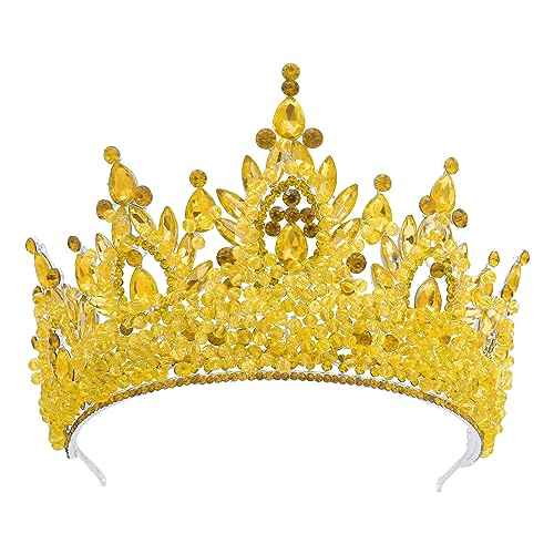 Tall Pageant Crowns for Girls Yellow Stones Royal Queen Tiaras for Adult Extra Large Wedding Headband Princess Quinceanera Prom Costume Cosplay Headpieces