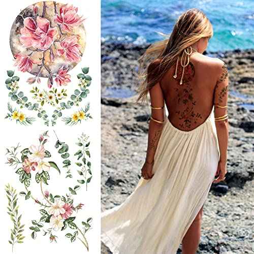 Glaryyears Large Vivid Flower Temporary Tattoos for Women, 9-Pack White Ink Bright Vein Realistic Fake Tattoo Stickers, Perfect on Body Arm Thigh Waist or Rock Art Tumblers Glass