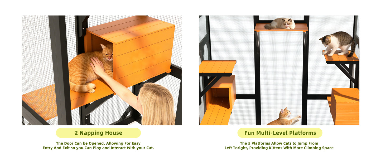 Large Wooden Cat Enclosure with Waterproof Cover and Multiple Platforms