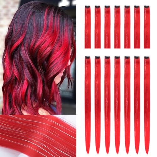 Red Hair Extensions Straight Multicolor Clip in Hairpieces 22 Inch Colorful Colored Hair Extensions for Kids Women's Gifts Halloween Christmas Party Highlights (14pcs Red)
