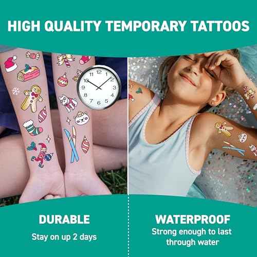 Omy Christmas Temporary Tattoos for Kids - 50 Festive, Colorful Designs with Santa, Gifts, and Snowflakes | Easy to Apply, Safe & Long-Lasting | Age 3 and Up