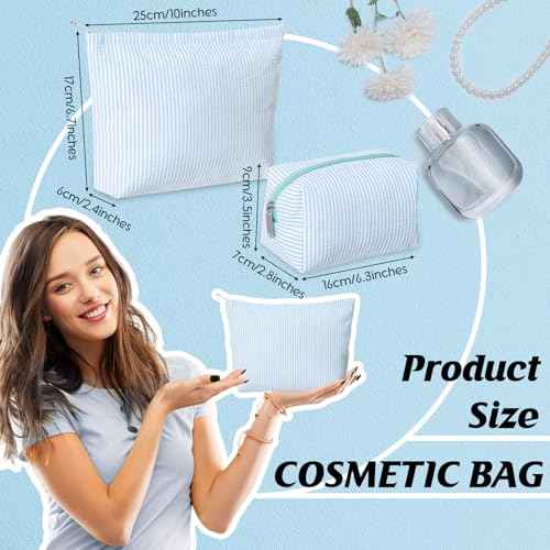 2 Pieces Makeup Bag Set Cute Cosmetic Pouch for Women Seersucker Travel Toiletry Bag Preppy Small Makeup Purse Pouch Aesthetic Skincare Brushes Storage Organizer for Women(Light Blue)