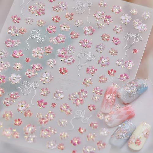 5D Embossed Pink Flower Nail Stickers Self-Adhesive Spring Summer Nail Art Stickers White Bow with Cherry Blossoms Gold Glitter Design Nail Art Supplies Floral Nail Decals for Women Acrylic Nails