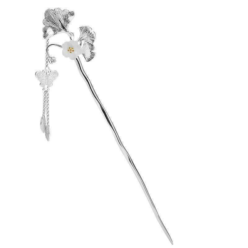Ginkgo Leaf Hairpin Silver Feminine Hair Accessory Retro Elegant Jewelry