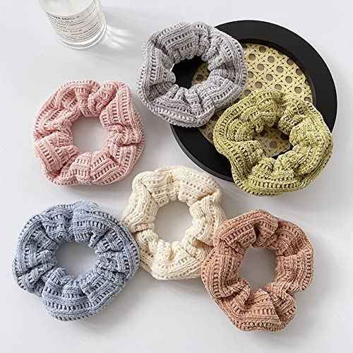 5 Pack Cotton Fluffy Knit Scrunchies for Women Girls, Faux Fur Pom Pom Rabbit Hair Scrunchies, 5B Color