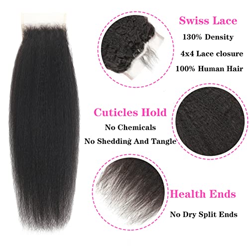 Kinky Straight Human Hair 3 Bundles With 4x4 Lace Closure Free Part 100% Unprocessed Brazilian Remy Yaki Straight Human Hair Extensions With Closure,Natural Black (12 12 12+10Closure)