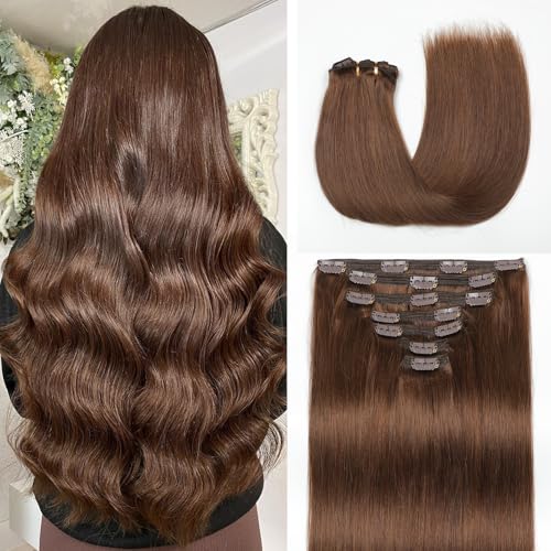 Clip in Hair Extensions Real Human Hair, Chocolate Brown ? 18 Inch 7pcs 150g/Pack, Soft Remy Human Hair Clip in Extensions Straight for Women, Suitable for all Hair Types (#4 18 Inch)