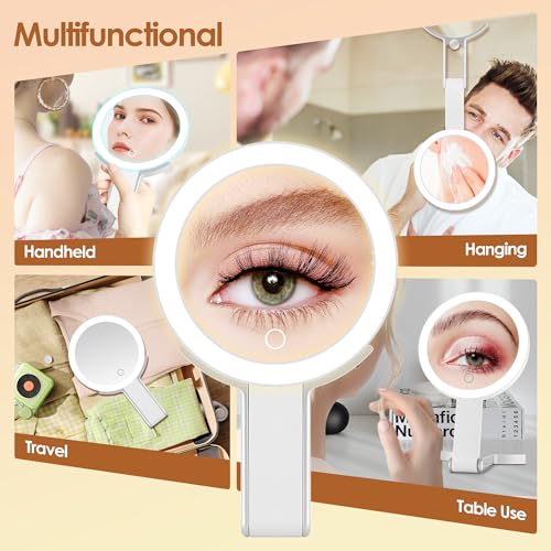 MIYADIVA Magnifying Mirror with Light, Double Sided 30X/1X Lighted Travel Makeup Mirror with Magnification, 3 Color Lighting, Dimmable Touch Screen, Adjustable & Foldable Hand Mirror (White)