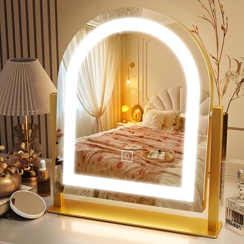 Lighted Makeup Mirror with 3-Color Dimmable Lighting, with Removable 10x Magnifier, Smart Touch Control, 360¡Æ Rotation, 15" x 13" Hollywood Vanity Mirror for Tabletop Desk (Gold)
