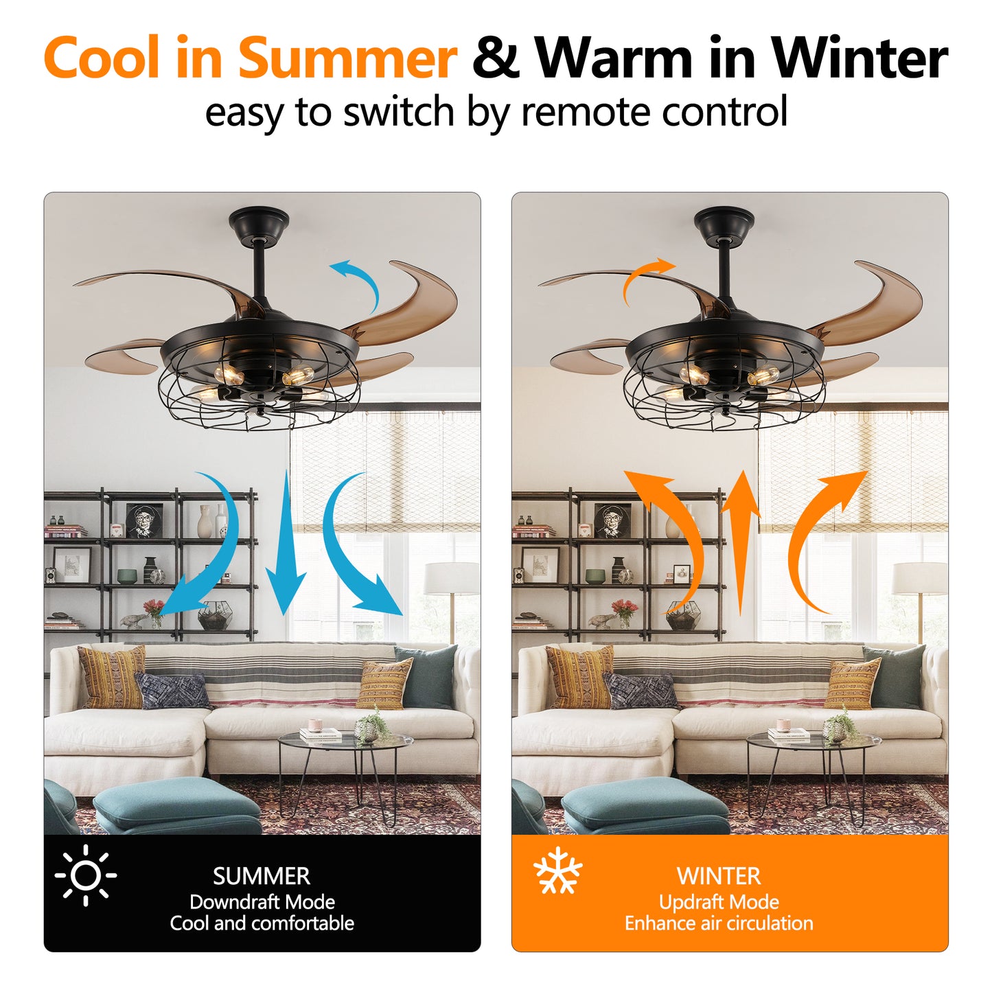 Black Remote Control Ceiling Fan - Industrial 4-Blade Design