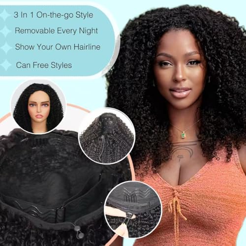 Kinky Curly Half Wig Human Hair Drawstring Seamless Flip Over Half Curly Wig Human Hair Invisible Hairline Glueless Wear and Go Wigs For Black Women Beginner Friendly 16Inch 200% Density