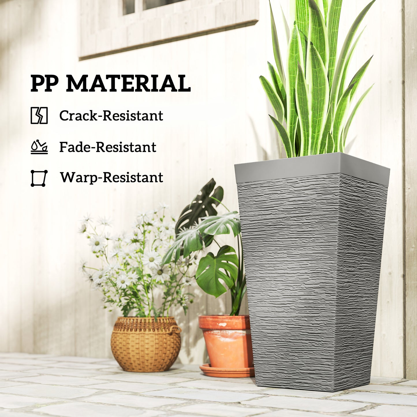 Outdoor Plant Pots Set of 3 with Wheels - 22.8 Inch Tapered Planters, Stone Finish, Drainage Holes, Gray
