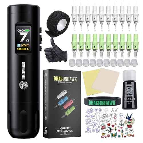 Dragonhawk Tattoo Kit X7 Tattoo Gun Kit Pen Machine Wireless Rotary Complete Tattoo Kit Smart Display 2 Replaceable Batteries 1,800mAh - Brushless Tattoo Motor by Mcore