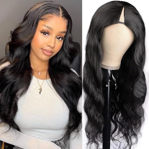Xagujpo Glueless V Part Wig Human Hair Body Wave for Black Women Upgrade U Part Human Hair Wig 100% Beginner Friendly No Sew In No Glue 180% Density Natural Color (18 inch)