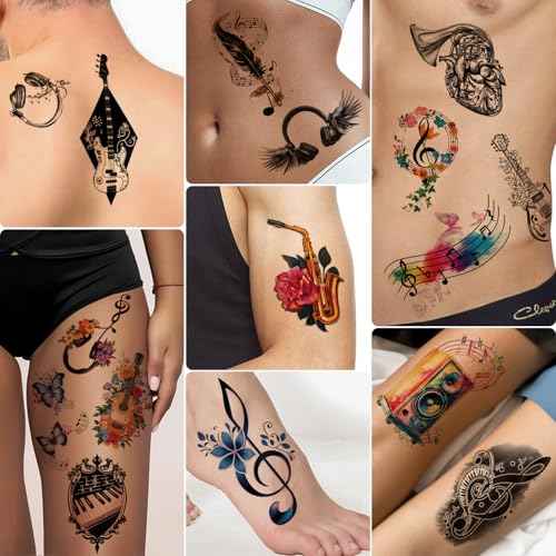 77 Sheets Music Temporary Tattoos Adult Kids Fake Tattoos Birthday Festival Party Favors Half Arm Sleeves Guitar Violin Piano Music Notes Stickers for Men Women