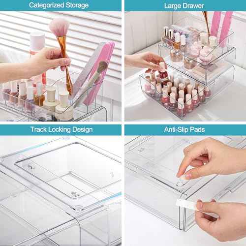 Vtopmart 3 Tier Clear Makeup Organizer with Drawer, Cosmetic Storage for Dresser Countertop and Bathroom Vanity, Beauty Holder for Lipstick Brush Skincare