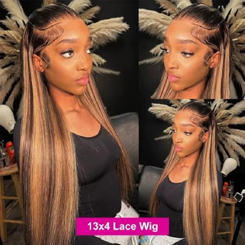 SIFULAN 13x4 Honey Blonde Lace Front Wig Human Hair 180 Density 22 Inch Highlight Ombre Straight HD Transparent Lace Pre Plucked Human Hair Wigs for Women P4/27 Color