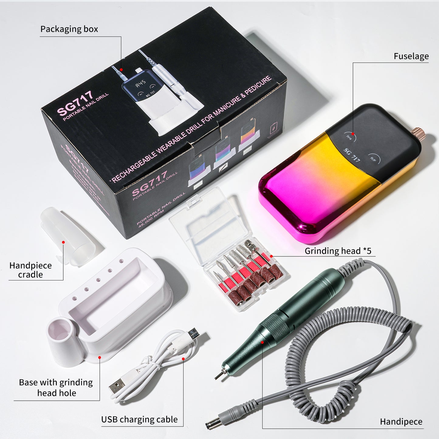 Professional 45000RPM Electric Nail Drill Kit - Rechargeable Portable E-File