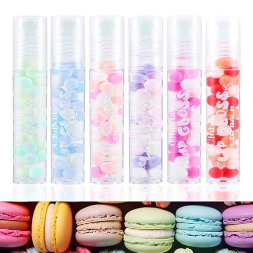 6pcs Macaron Rolling Ball Lip Gloss,Transparent Moisturizing Lip Oil,Lip Gloss for Dry and Chapped Lips,Glossy Lip Make-up for All Age
