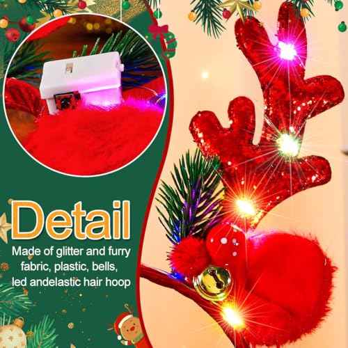 CAKURE Light Up Reindeer Antlers Headband LED Glow Christmas Headbands Deer Ears Hair Bands Holiday Xmas Headwear for Women