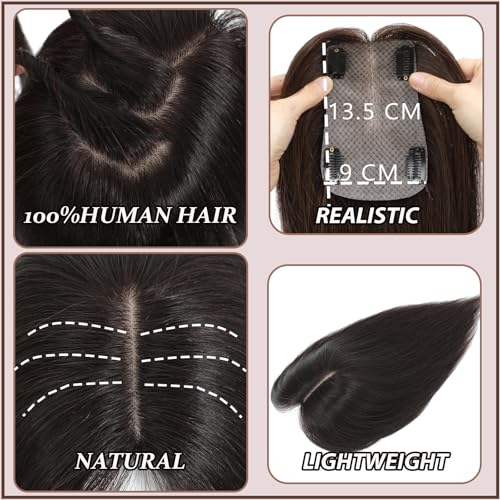 Hair Toppers for Women Real Human Hair 360¡Æ 3D Toppers with Thinning Hair Upgrade Middle Part Clip in Bangs Pieces for Women Daily (Black, 16 Inch-3D-Side)