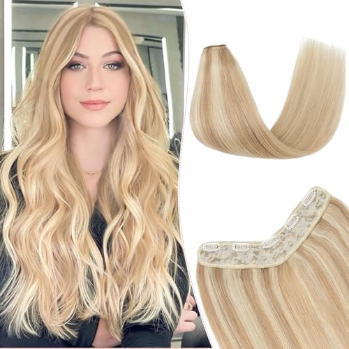 One Pieces Clip in Hair Extensions Human Hair Upgraded V-Shaped 5 Clips in Hair Extensions Human Hair Long One Piece Hairpiece for Women,16 Inch,#18P613 Gold Blonde Mixed Bleach Blonde,65g