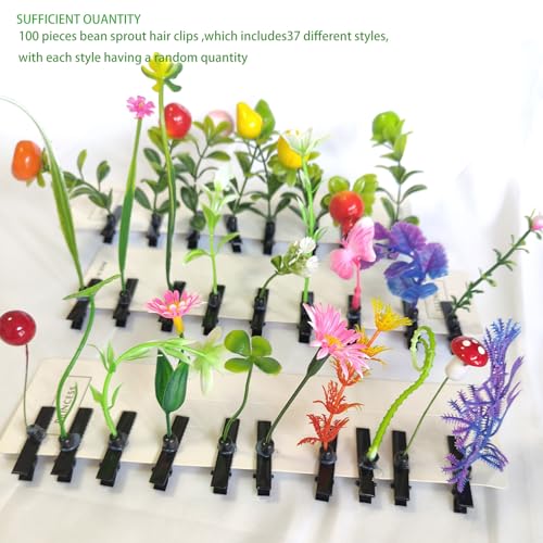 100 pcs Rave Bean Sprout Hair Clip Funny Barrette Headwear Plant Hairpins Mixed Style Little Grass Flower Fruit Butterfly Mushroom Hair Accessories for Girls Women Party Scool Home