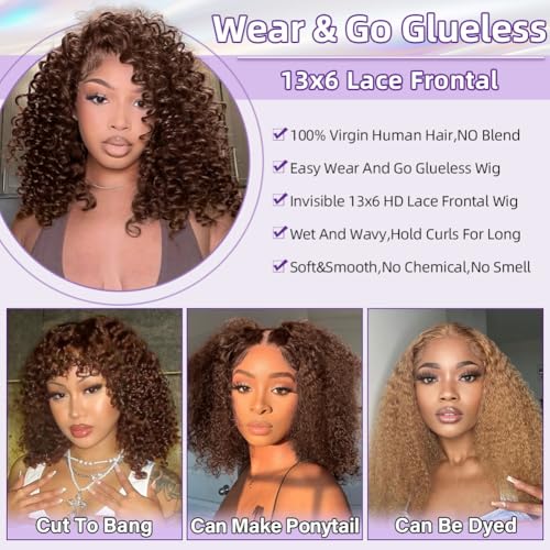 Curly Bob Wig Human Hair Deep Wave 13x6 HD Lace Front Wigs For Black Women Human Hair Pre Plucked Wear And Go Glueless Short Wet And Wavy Chocolate Brown #4 14 Inch