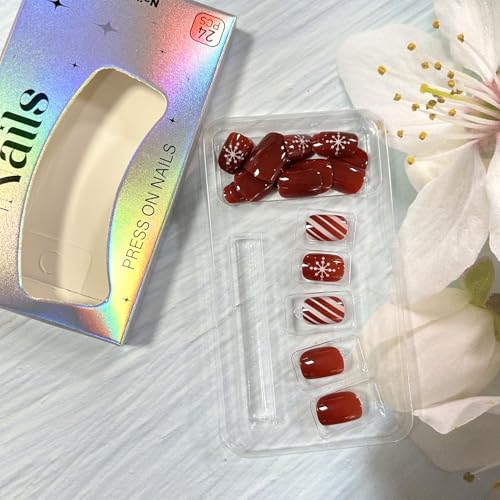 24Pcs Christmas Red Press on Nails - Short Square Snowflake False Nails With Red White Stripe Design - Full Cover Coffin Winter Glossy Glue on Nails for Women