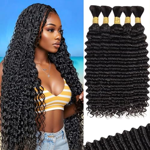 Human Braiding Hair for Boho Braids 200g 22 Inch Curly Boho Hair for Braiding Deep Wave Human Hair Extensions Knotless 12A Bulk Bohemian 5 Bundles/Pack Natural Color