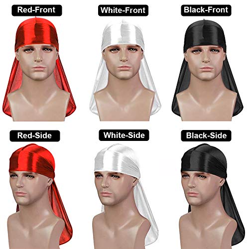 3PCS Silky Durags for Men Waves, Doo Rags Compression Caps for 360 540 720 Wavers, Ideal Gifts for Father's Day (Red, White, Black)