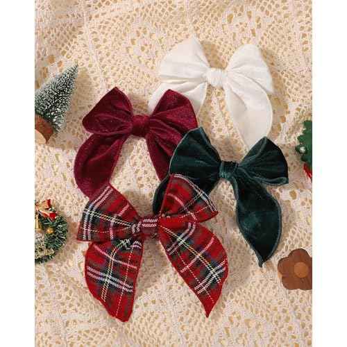 doboi 4PCS Baby Girls Hair Clips Large Christmas Fable Hair Bows Velvet Bows for Girls Gingham Hair Accessories for Baby Toddlers Kids