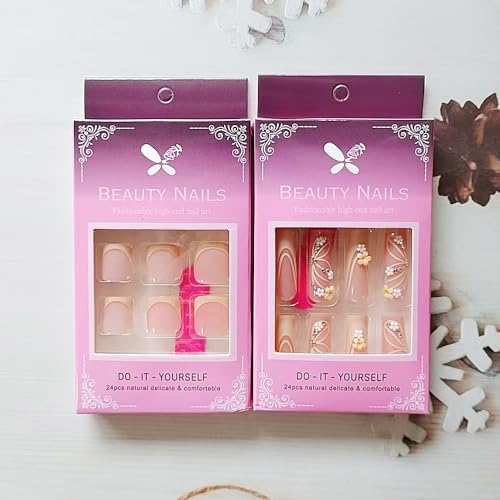 48pcs Long Coffin Press on Nails and Toes Matching Set French Tip Fake Fingers Toe Nail Tips Press ons Rhinestones Butterfly Flower Glue on Toe Nails Square Summer False Toe Nails for Women