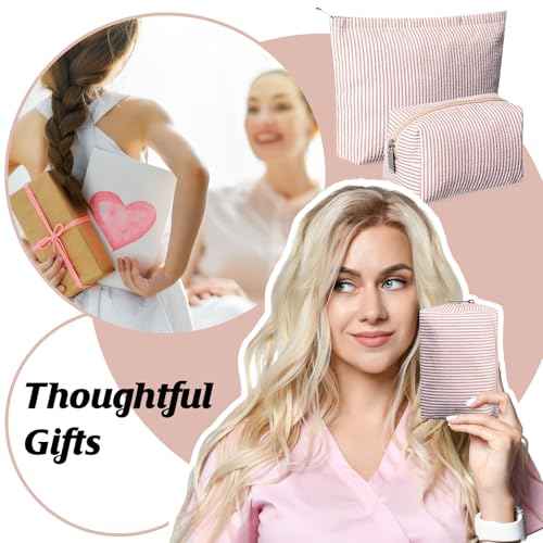 2 Pieces Makeup Bag Set Cute Cosmetic Pouch for Women Seersucker Travel Toiletry Bag Preppy Small Makeup Purse Pouch Aesthetic Skincare Brushes Storage Organizer for Women(Khaki)