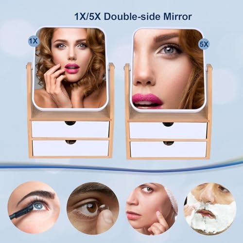 1x / 5X Magnifying Makeup Mirror, Jewelry and Cosmetics Storage Box with Double Drawers, Adjustable Natural Bamboo Stand, 360¡Æ rotatable Vertical Desktop Mirror (1, Rectangle)
