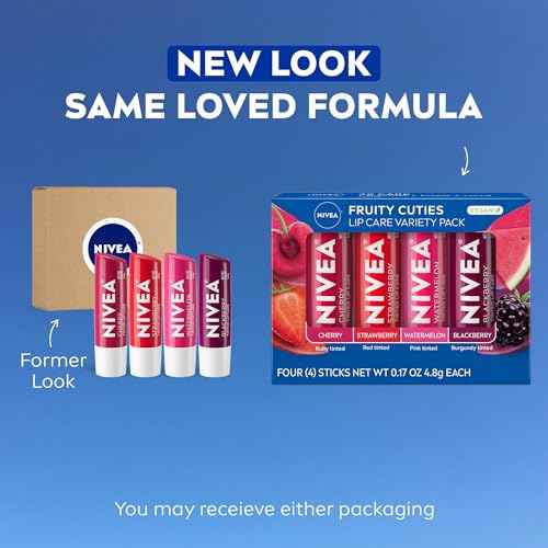 NIVEA Lip Care, Fruity Tinted Lip Balm Variety Pack, Cherry, Strawberry, Blackberry and Watermelon Flavors, 3-in-1 Moisture, Repair and Color, 0.17 Oz Stick, Pack of 4